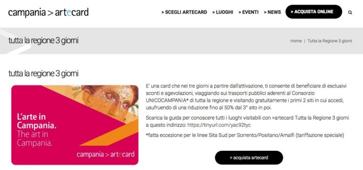 homepage sito web di artecard campania